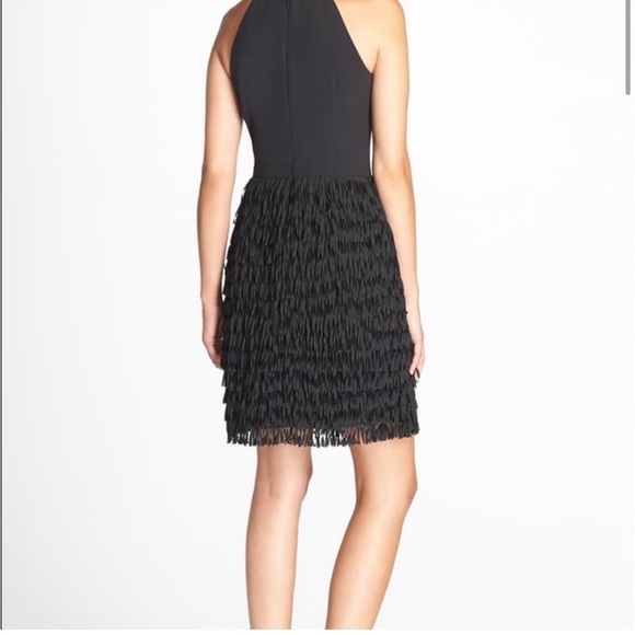 Aidan Mattox / Black Tiered Fringed Georgette-paneled Crepe Mini halter Dress 0 - Picture 3 of 6